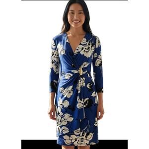 Calvin Klein Blue Floral Knee-length Stretchy Dress Size 4 Chinched Waist Preppy